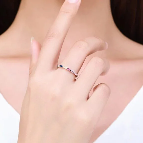 ⁦טבעת יוקרה-Silver Ring Rainbow Emerald cut Rectangle CZ Finger Rings for Women Wedding⁩ – תמונה ⁦2⁩